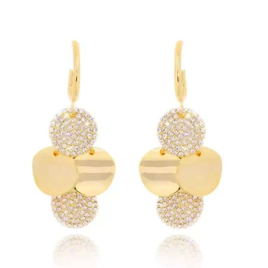 Metal Disc Crystal Tassel Drop Earrings