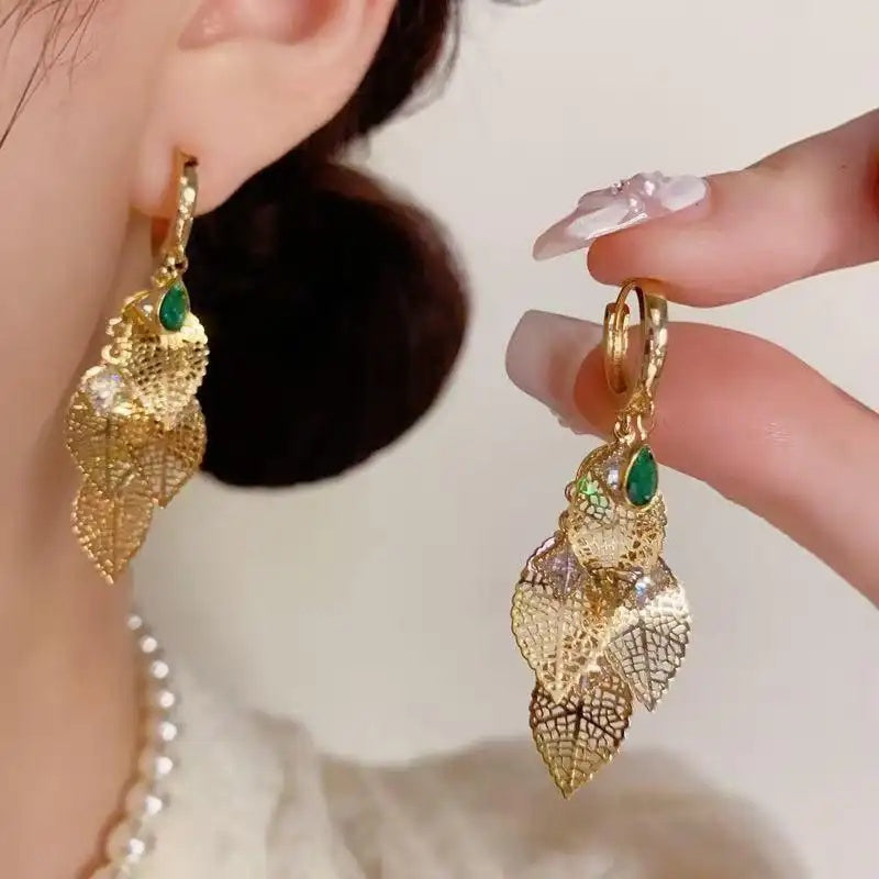 Metal Hollow Leaf Tassel Long Drop Earrings