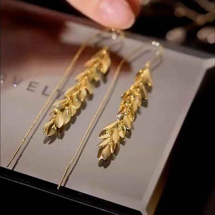 Metal Leaf Tassel Drop Earrings