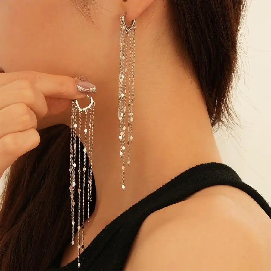 Metal Oval Long Sequin Tassel Drop Earrings