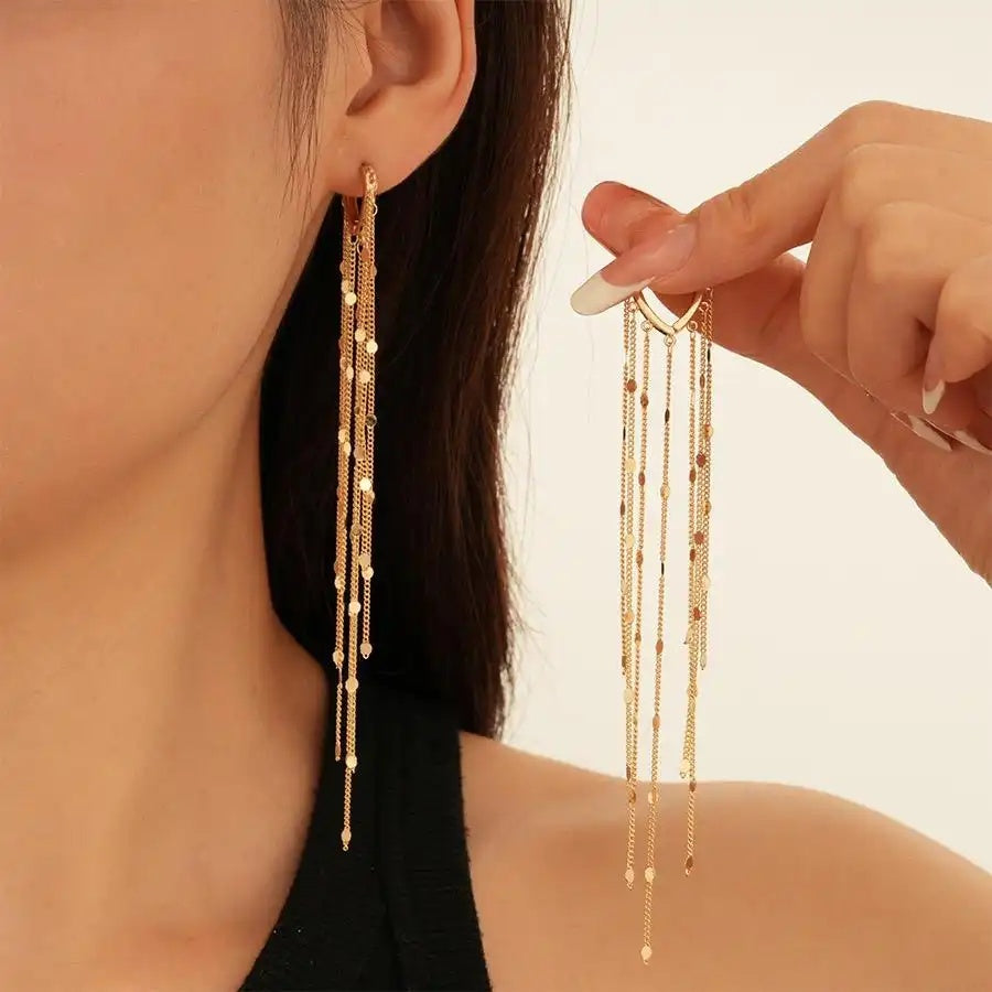 Metal Oval Long Sequin Tassel Drop Earrings