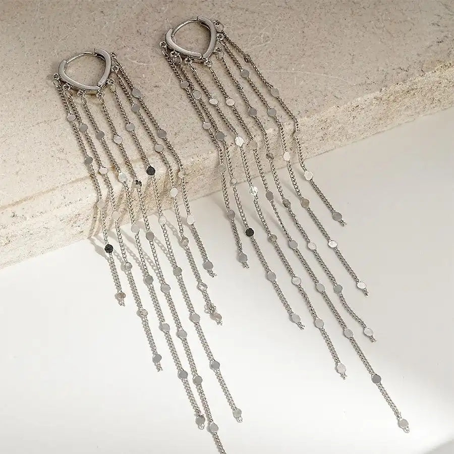 Metal Oval Long Sequin Tassel Drop Earrings