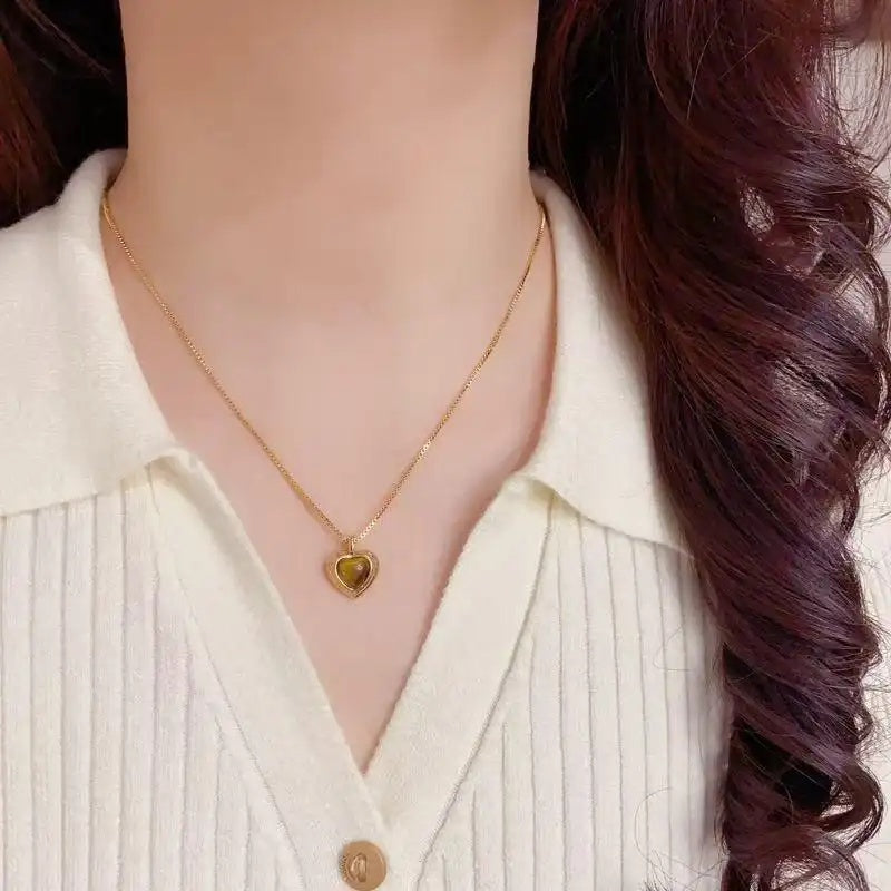 Metal Tiger Eye Stone Heart Necklace