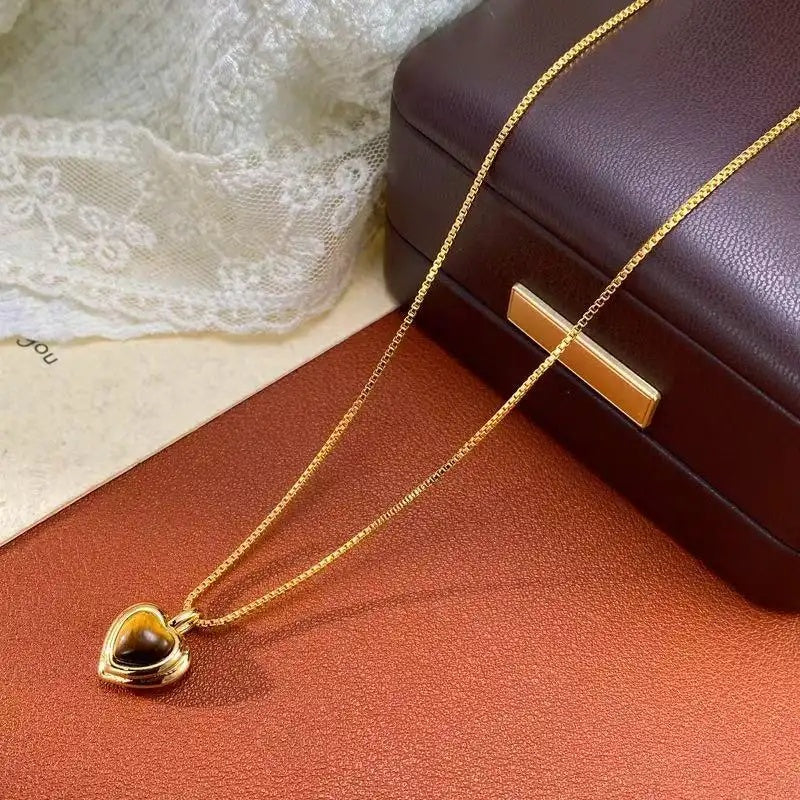 Metal Tiger Eye Stone Heart Necklace