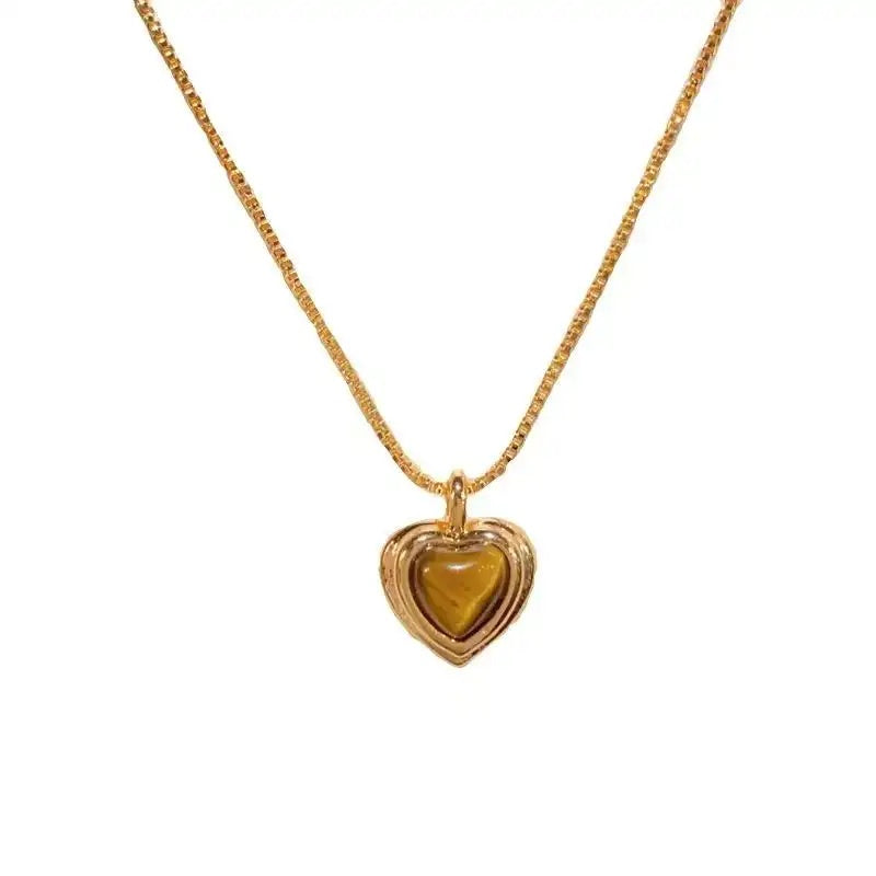 Metal Tiger Eye Stone Heart Necklace