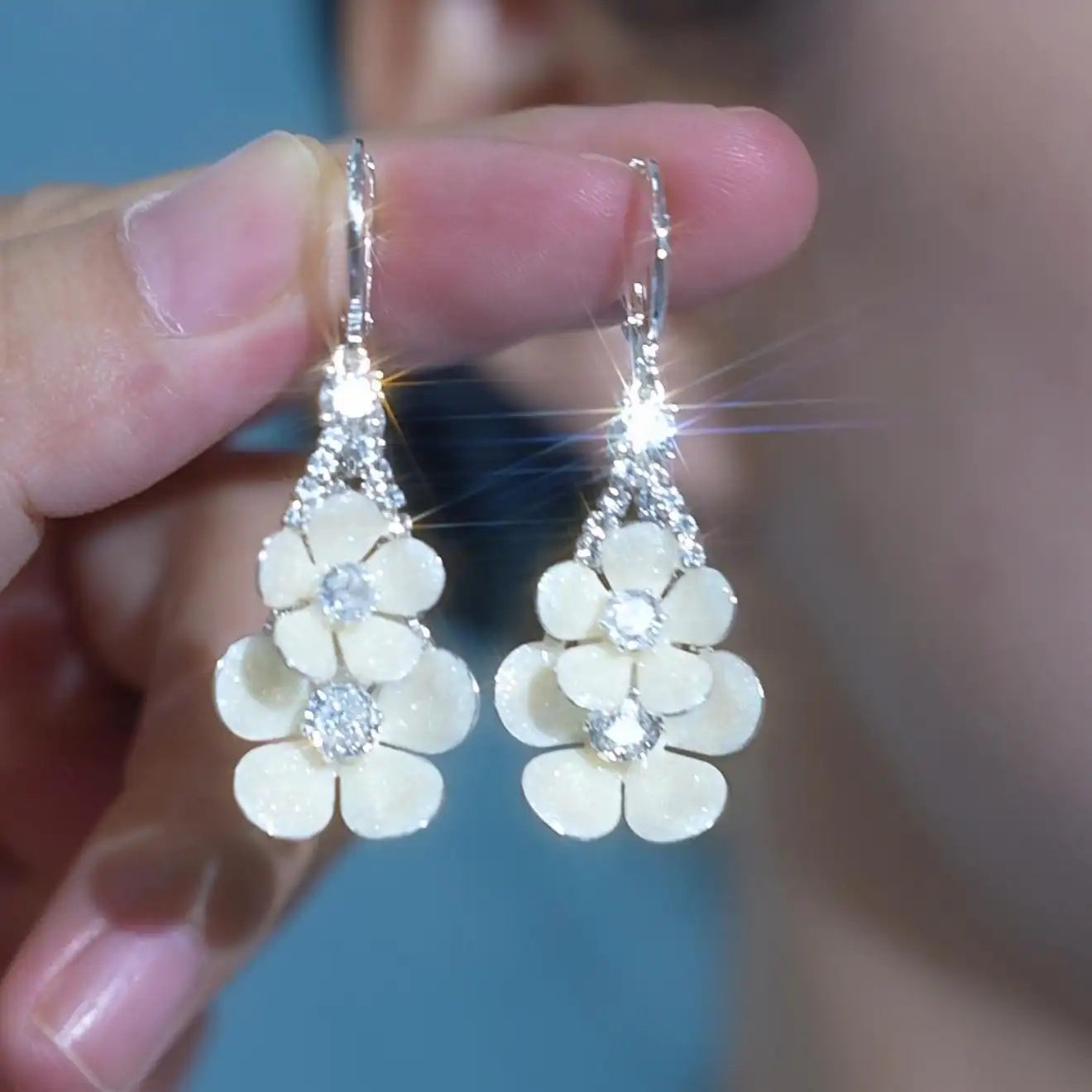 Milk White Five-Petal Flower Crystal Drop Earrings