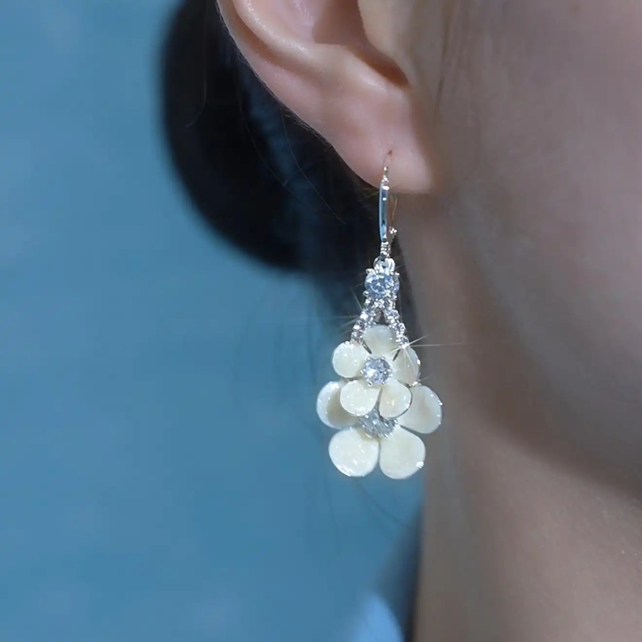 Milk White Five-Petal Flower Crystal Drop Earrings