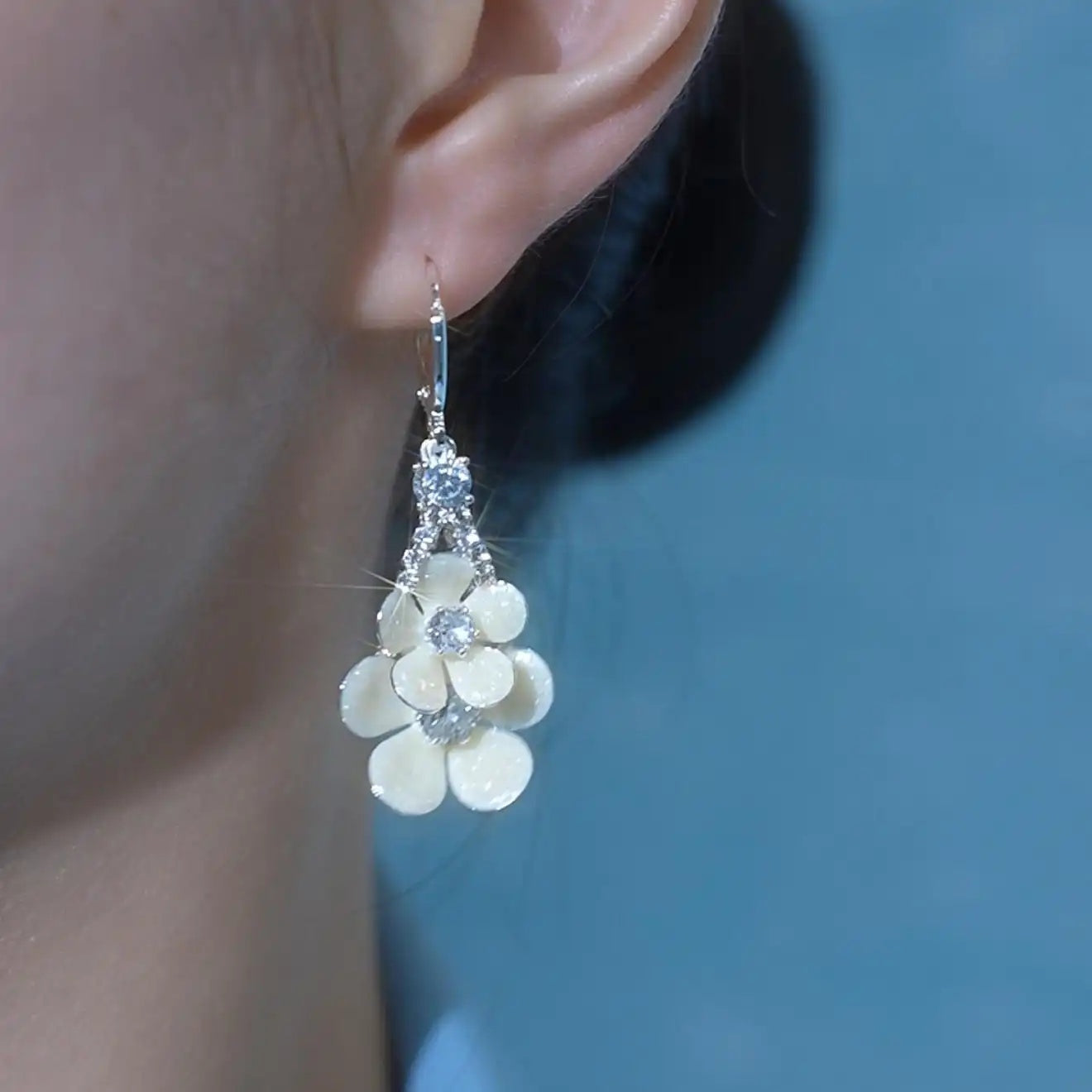 Milk White Five-Petal Flower Crystal Drop Earrings