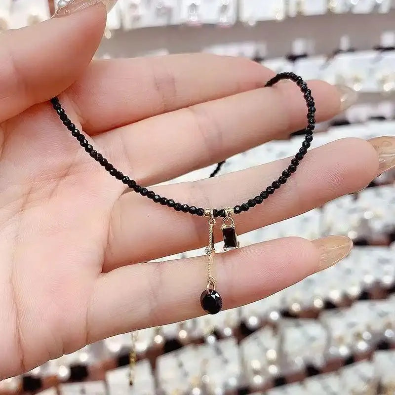 Minimalist Black Crystal Retro Neckwear Necklace