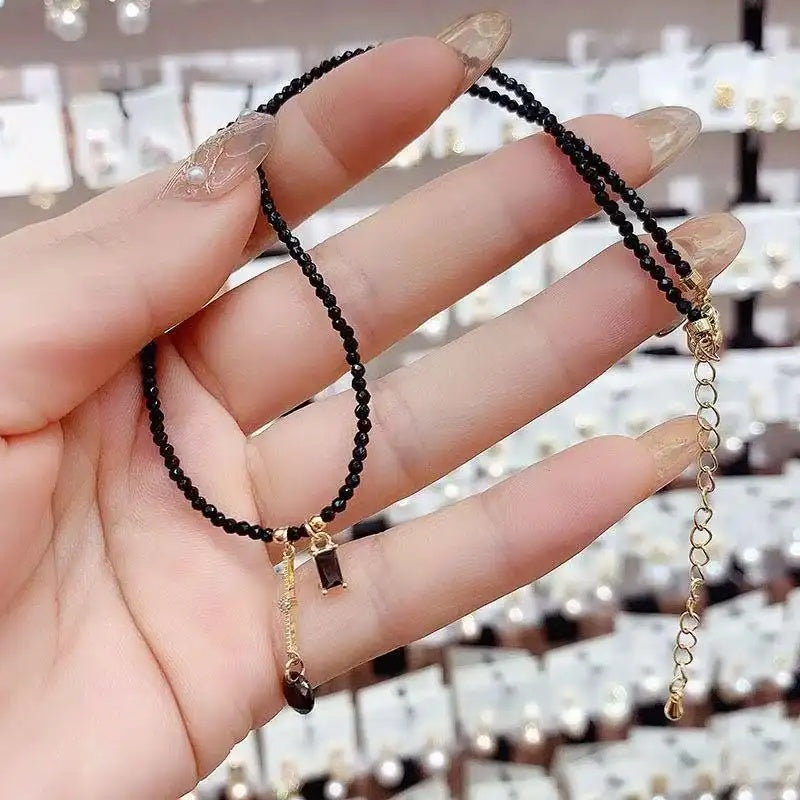 Minimalist Black Crystal Retro Neckwear Necklace