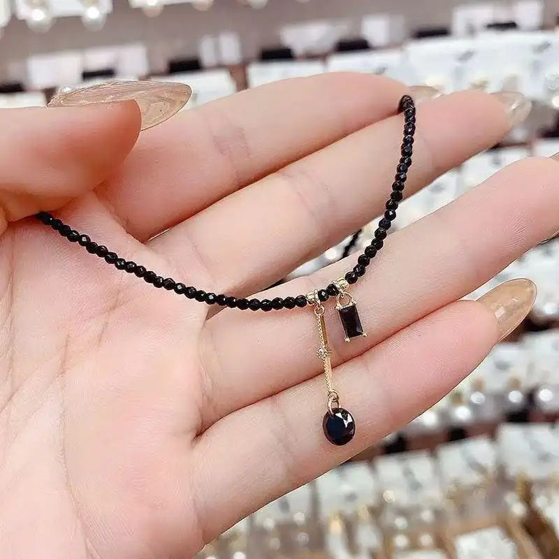 Minimalist Black Crystal Retro Neckwear Necklace
