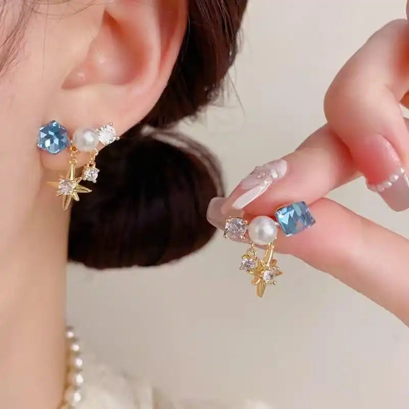 Minimalist Crystal Arc Star Tassel Drop Earrings