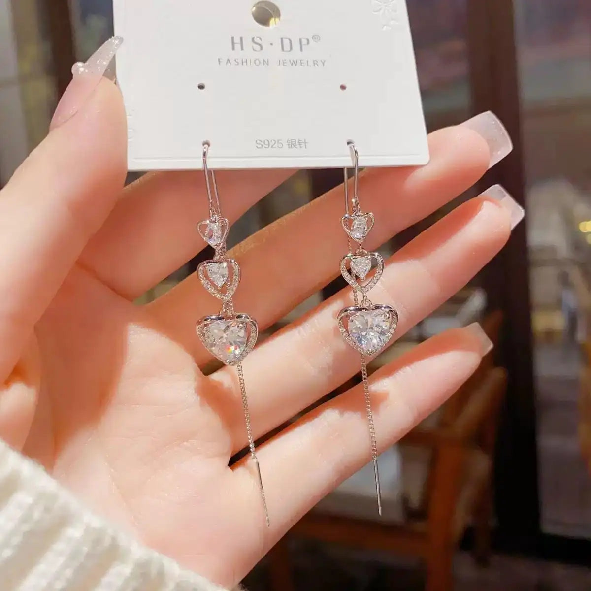 Minimalist Crystal Heart Tassel Daily Drop Earrings