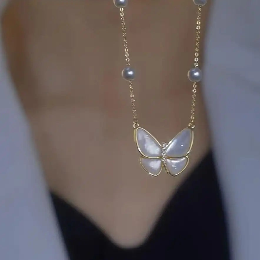 Mother-Of-Pearl Butterfly Pearl Tassel Necklace