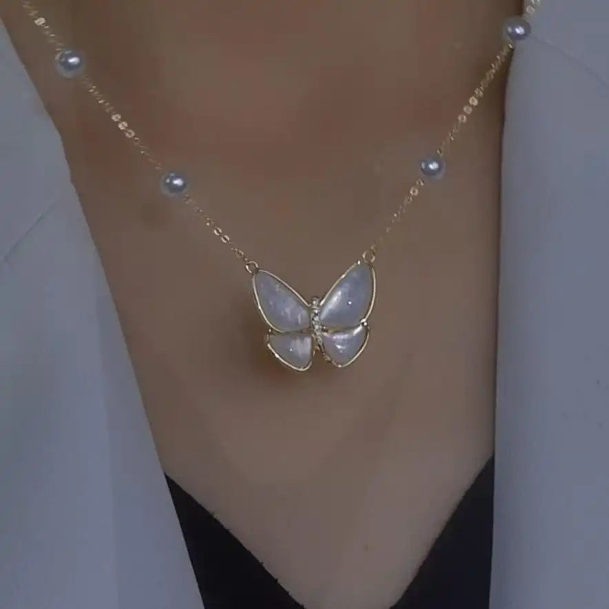 Mother-Of-Pearl Butterfly Pearl Tassel Necklace