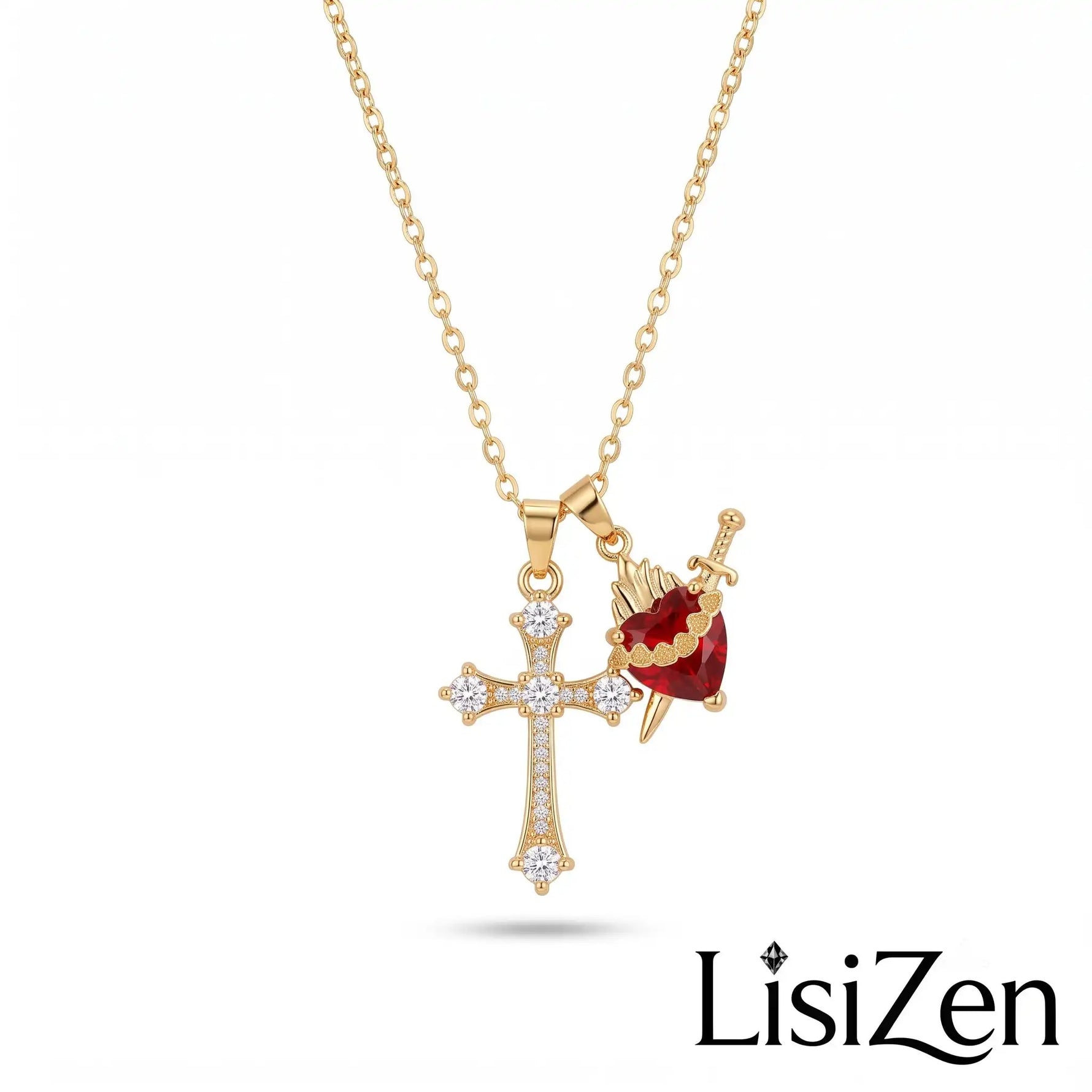 Multi- 18k Gold Crystal Cross Necklace