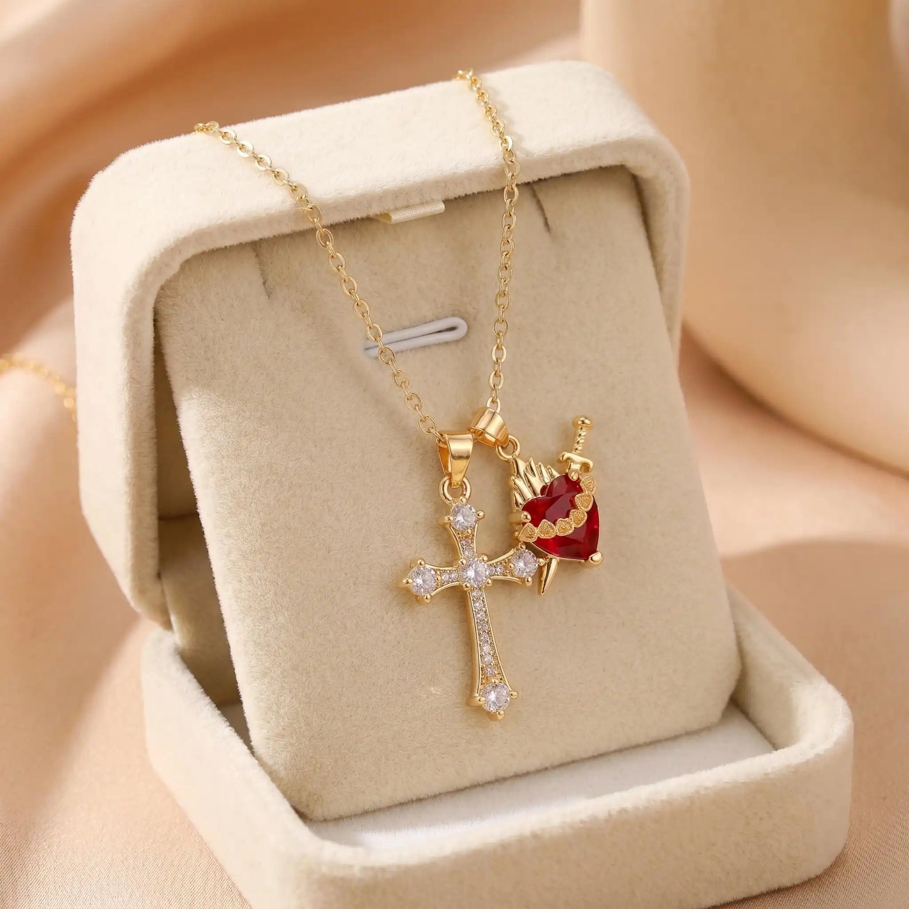 Multi- 18k Gold Crystal Cross Necklace