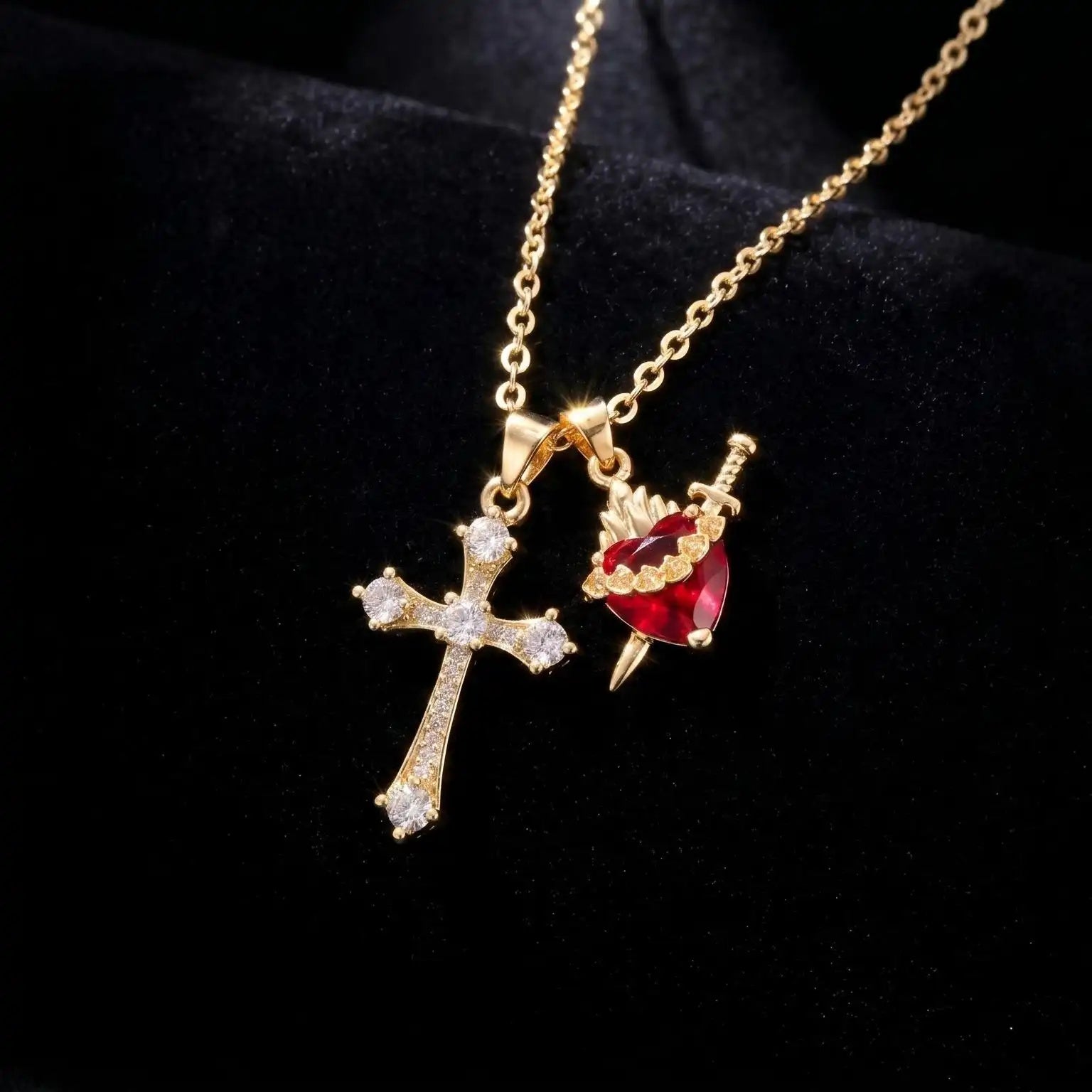 Multi- 18k Gold Crystal Cross Necklace