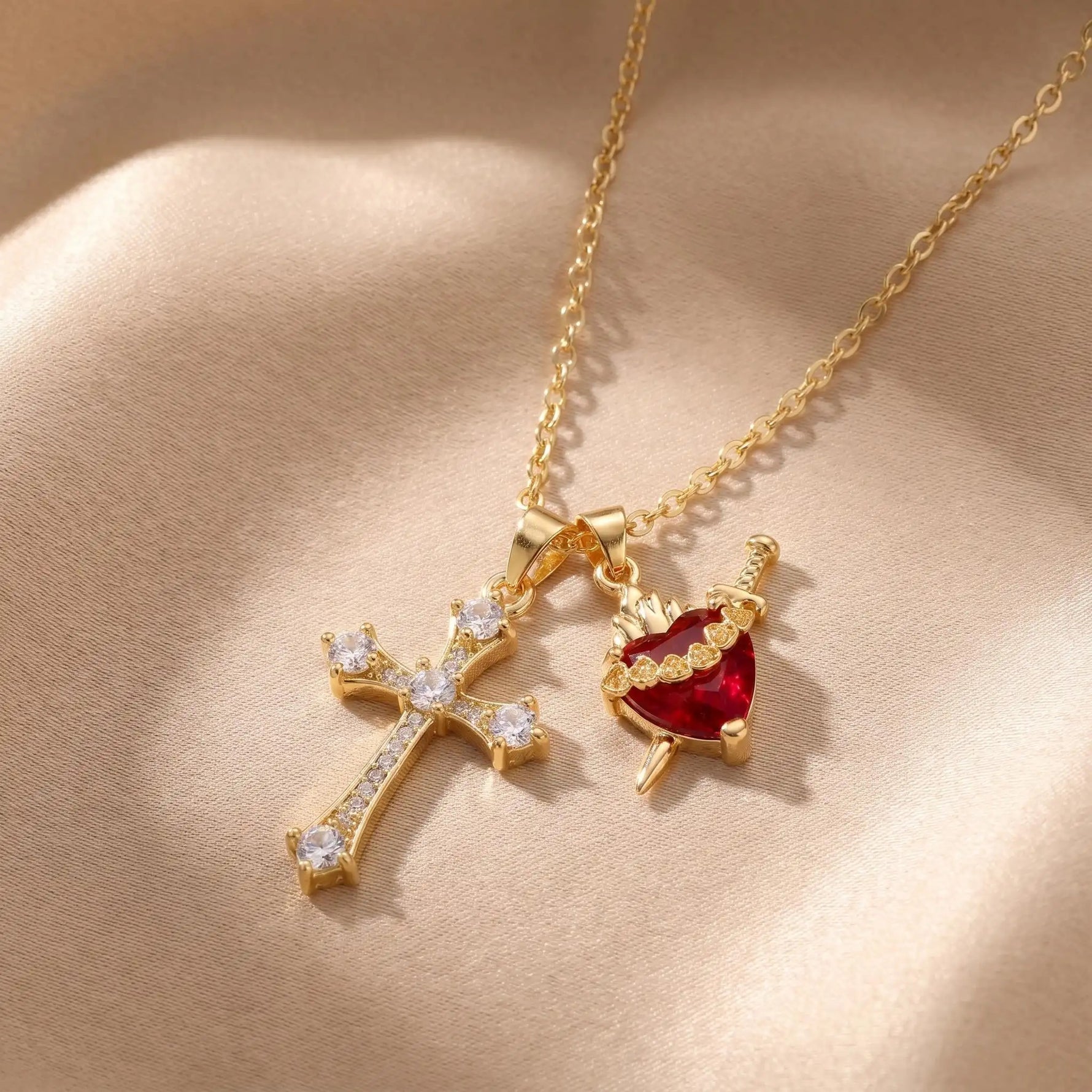 Multi- 18k Gold Crystal Cross Necklace