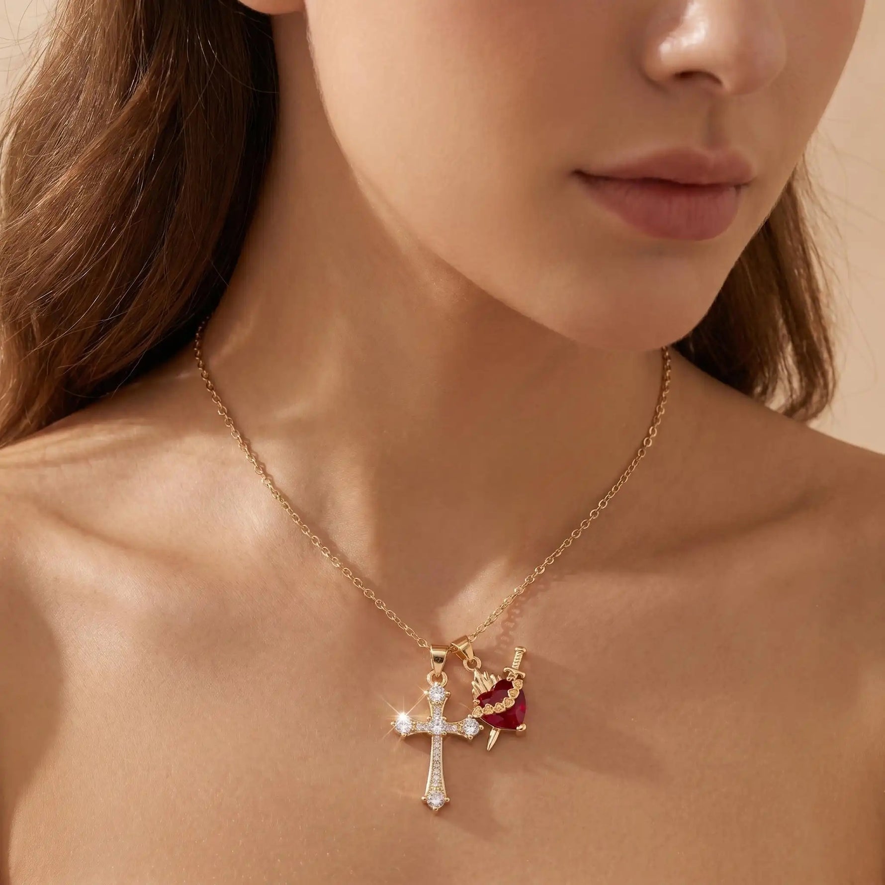 Multi- 18k Gold Crystal Cross Necklace