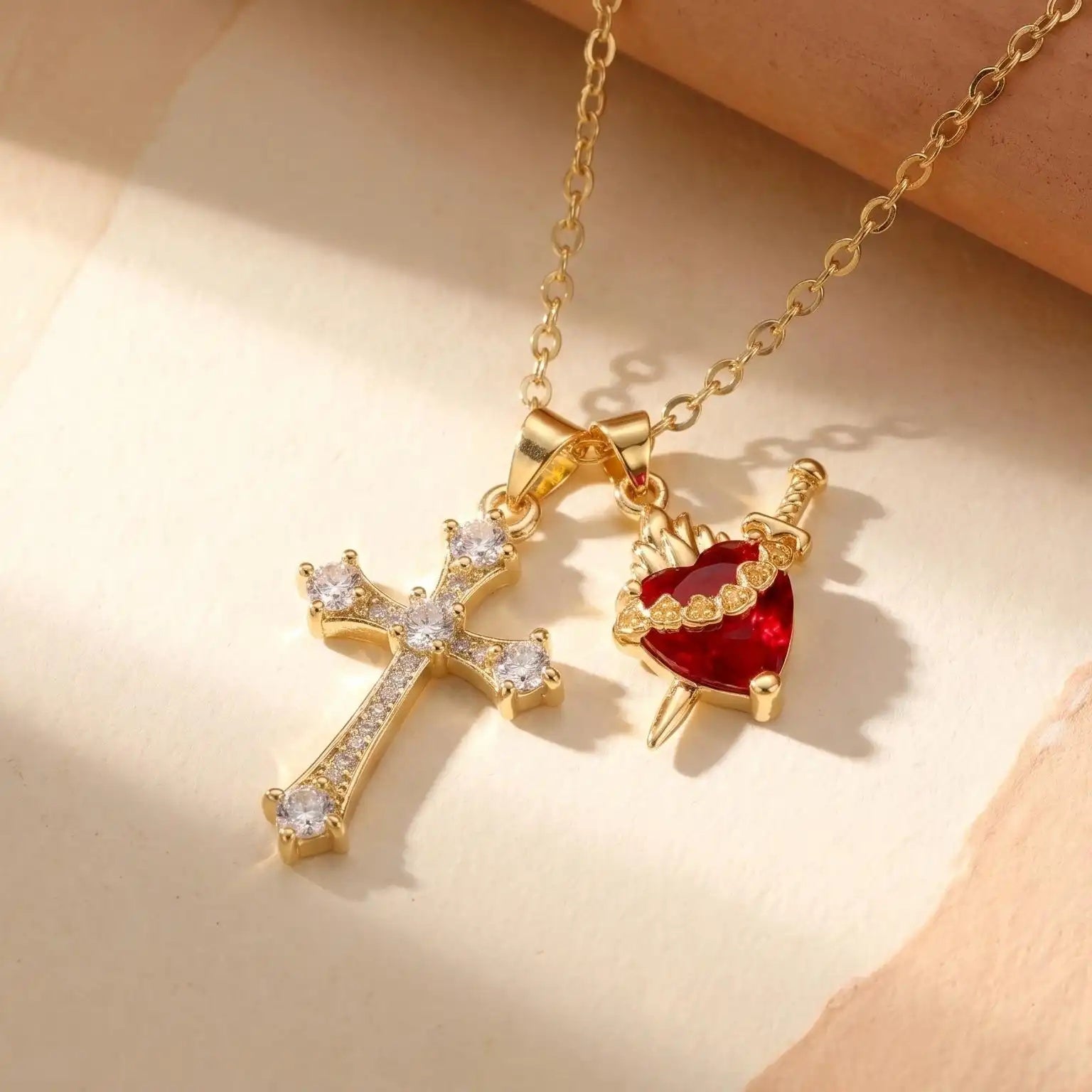 Multi- 18k Gold Crystal Cross Necklace