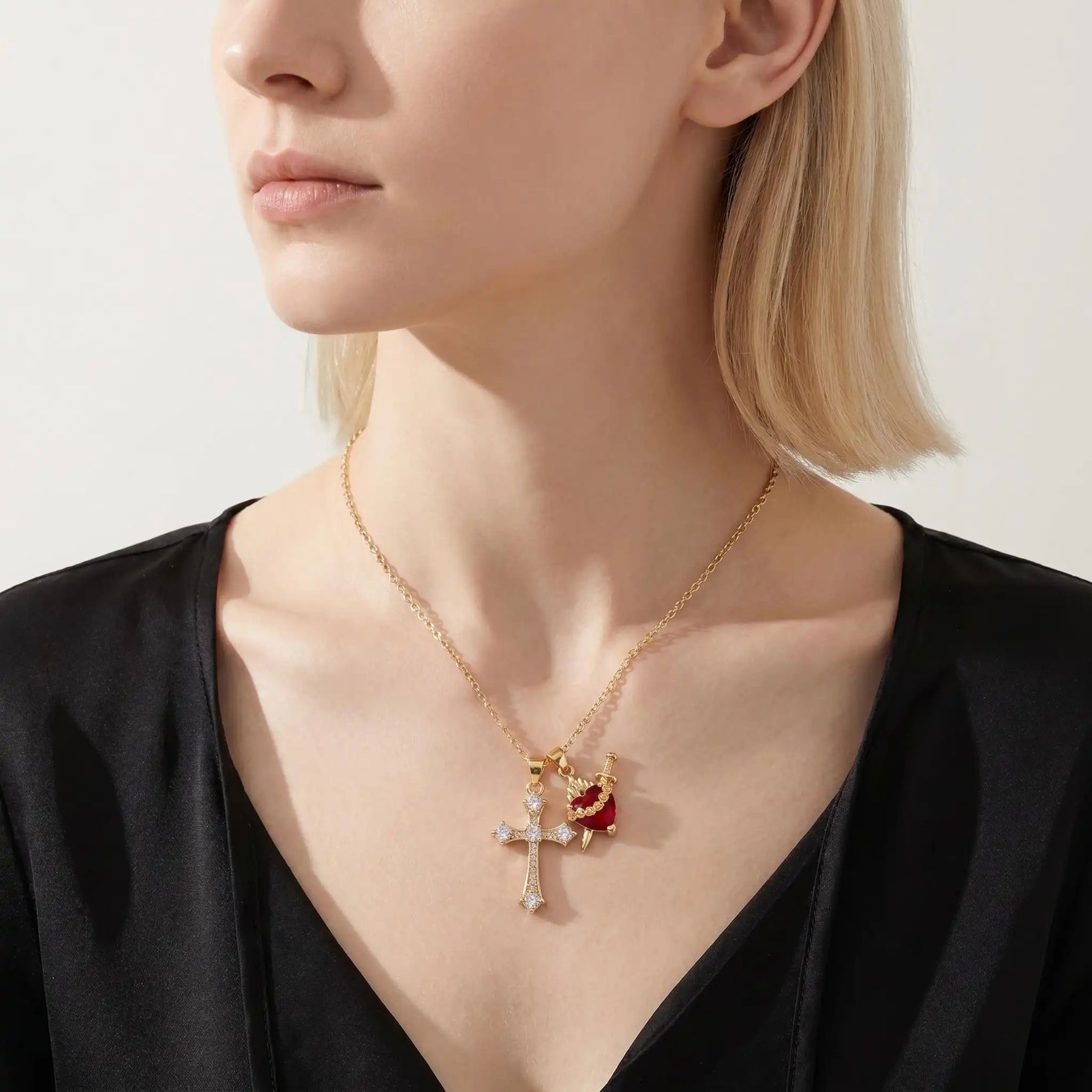 Multi- 18k Gold Crystal Cross Necklace