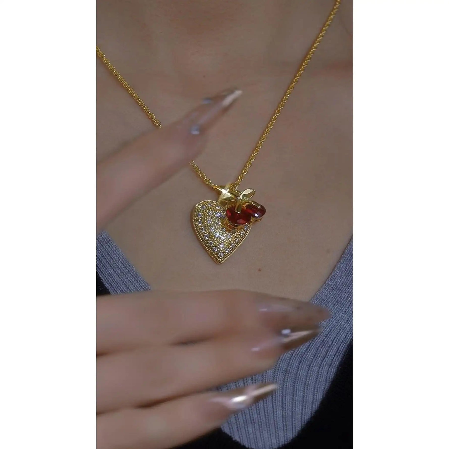 Multi- 18k Gold Crystal Heart Necklace