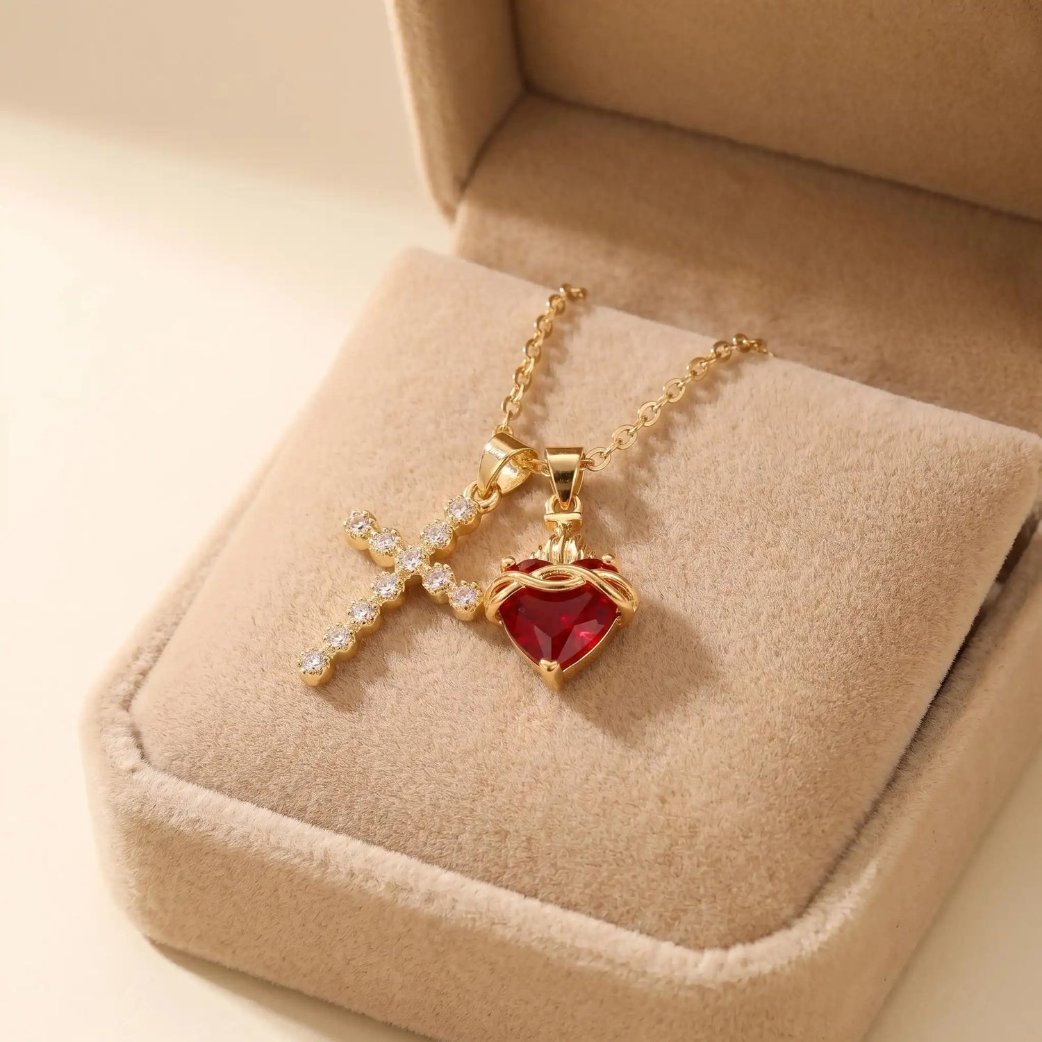 Multi- Crystal Cross Red Heart Necklace