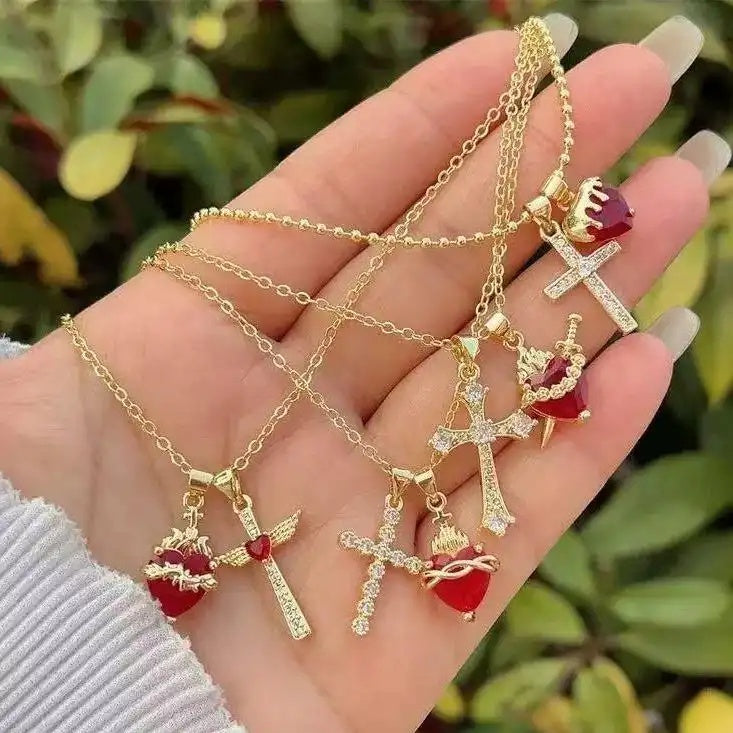 Multi- Crystal Cross Red Heart Necklace