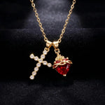 Multi- Crystal Cross Red Heart Necklace