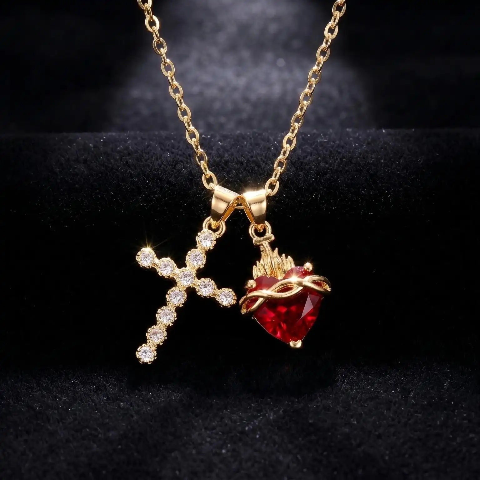 Multi- Crystal Cross Red Heart Necklace