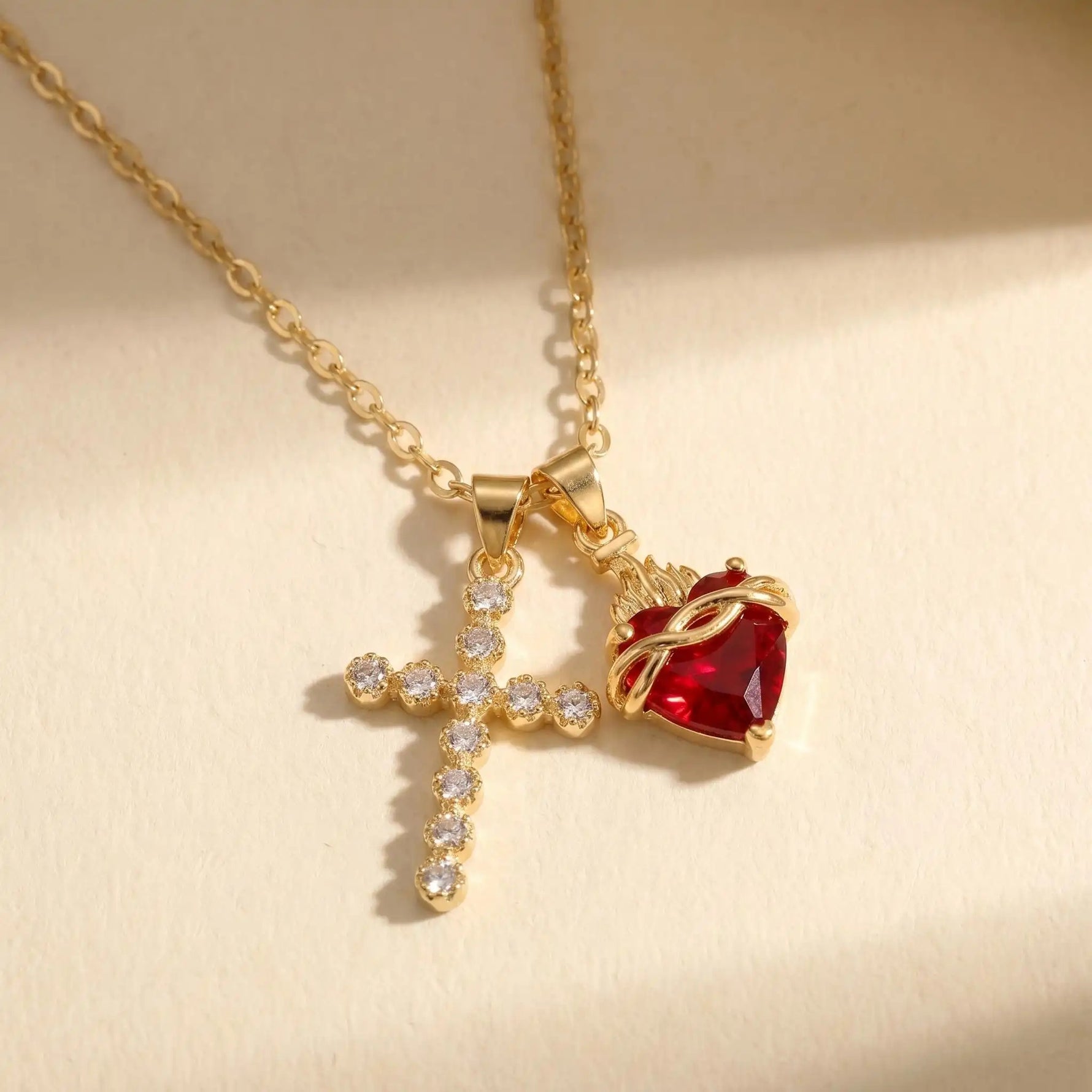 Multi- Crystal Cross Red Heart Necklace