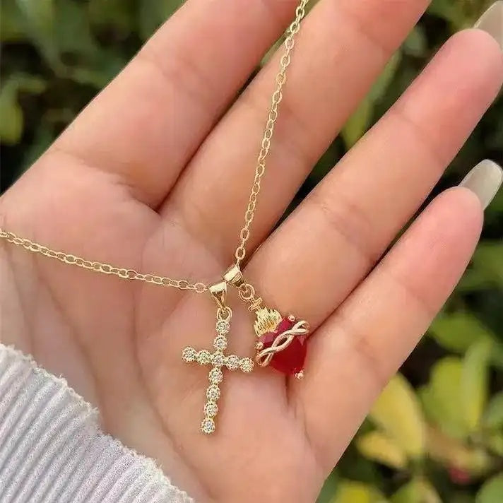 Multi- Crystal Cross Red Heart Necklace