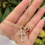 Multi- Crystal Cross Red Heart Necklace