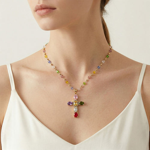 Colorful Gem Cross Necklace