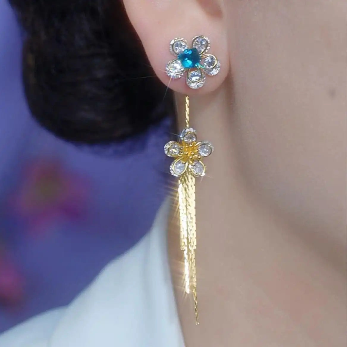 Multicolor Crystal Flower Tassel Drop Earrings