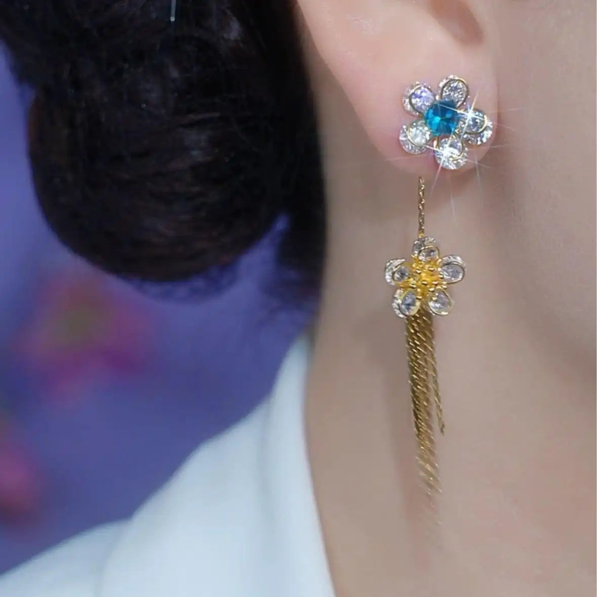 Multicolor Crystal Flower Tassel Drop Earrings