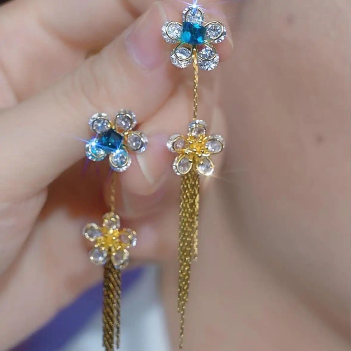 Multicolor Crystal Flower Tassel Drop Earrings