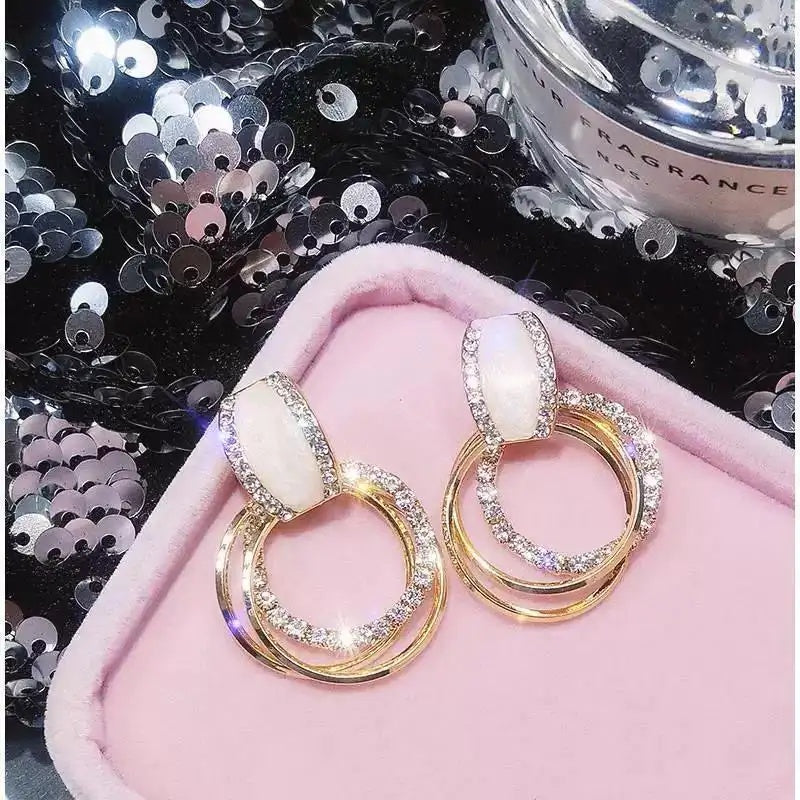 Needle Crystal Geometric Circle Korean Drop Earrings