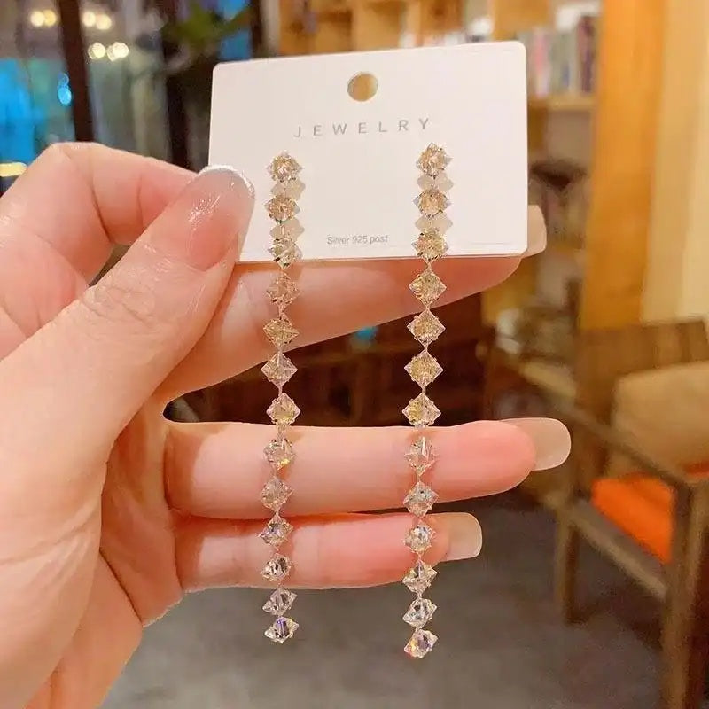 Needle Crystal Tassel Drop Earrings