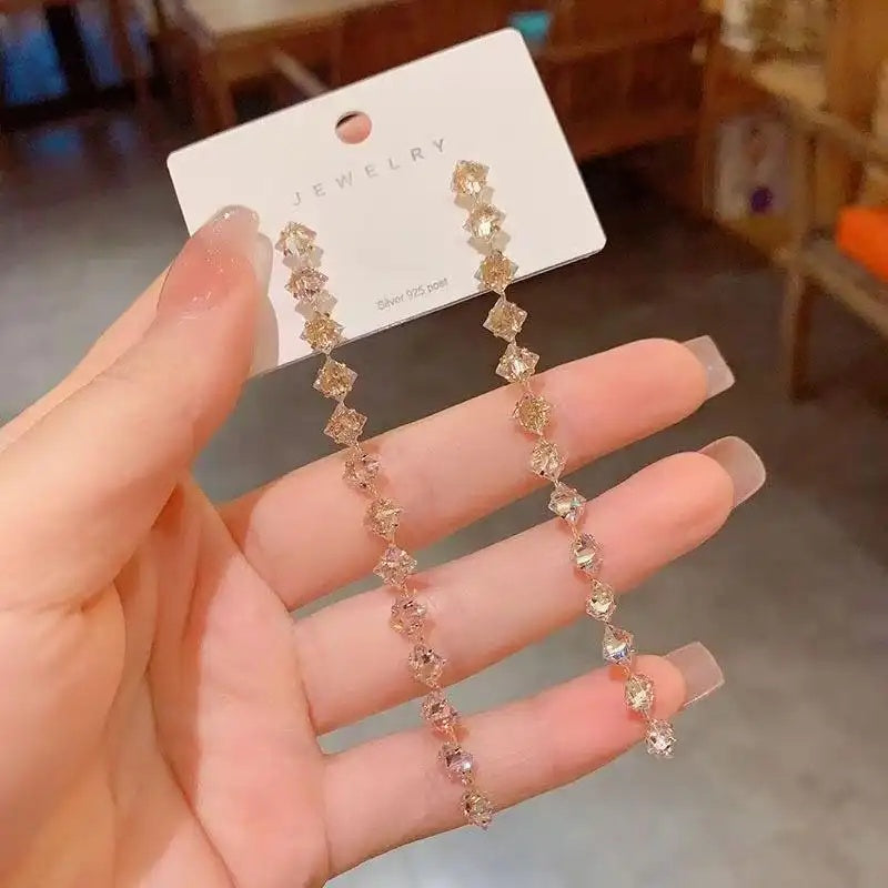 Needle Crystal Tassel Drop Earrings