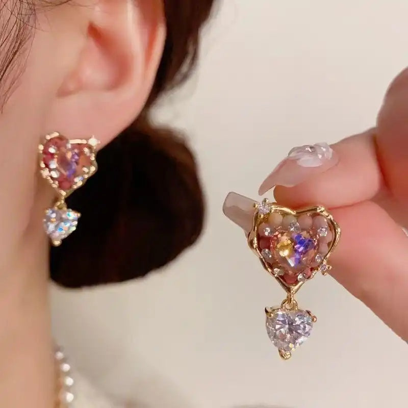 Needle Heart Handmade Bead Crystal Earrings