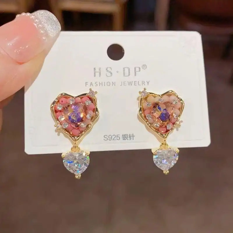 Needle Heart Handmade Bead Crystal Earrings