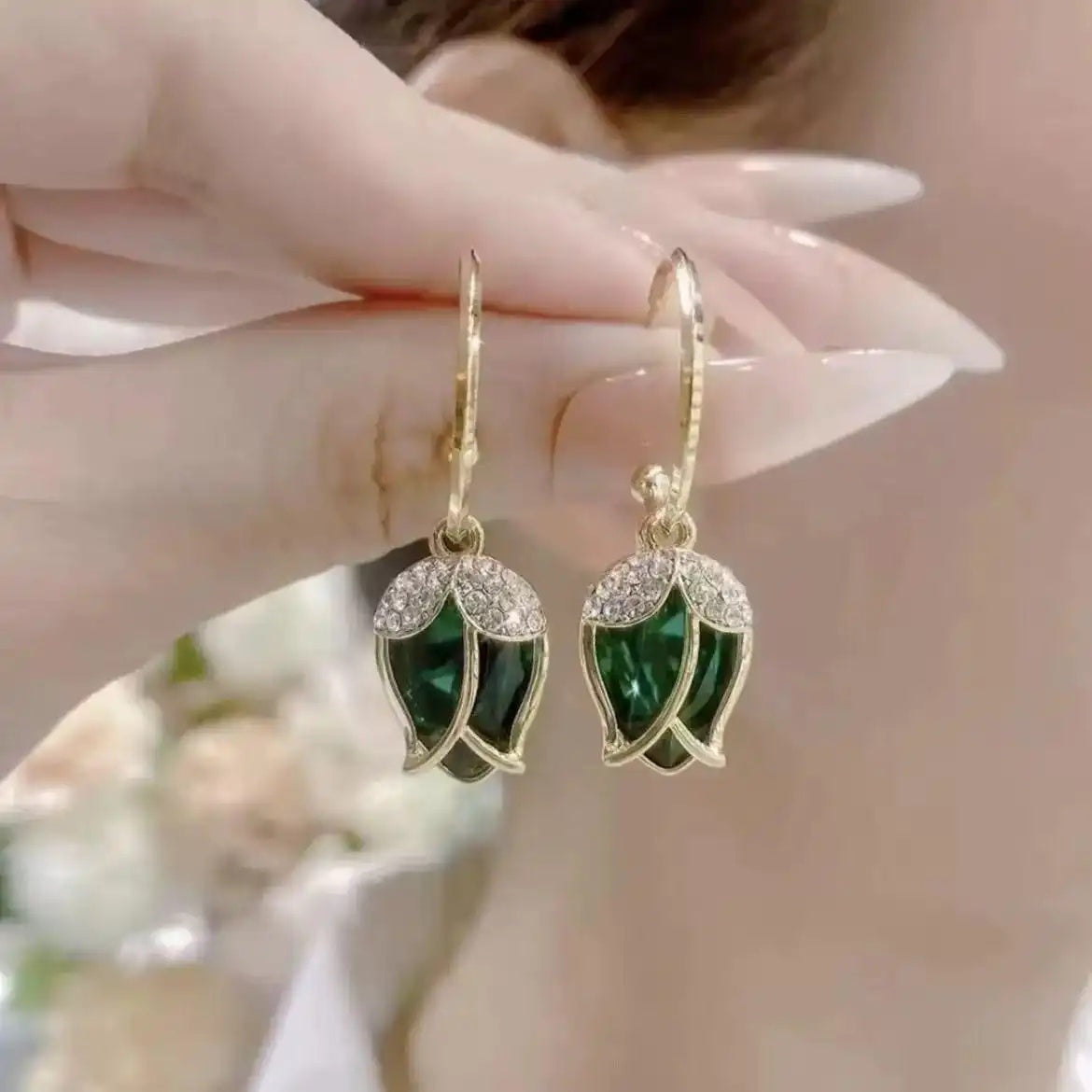 Needle Rose Bud Crystal C-Shaped Hoop Earrings