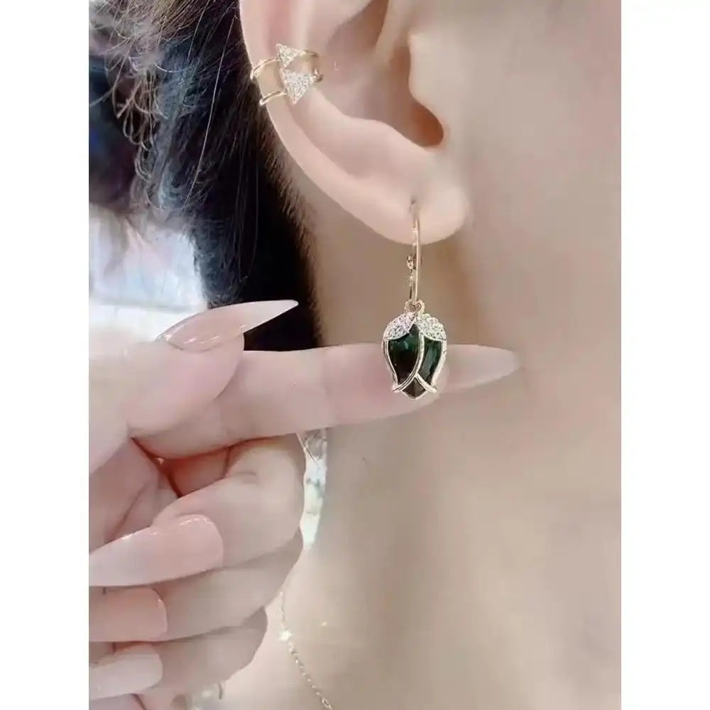 Needle Rose Bud Crystal C-Shaped Hoop Earrings