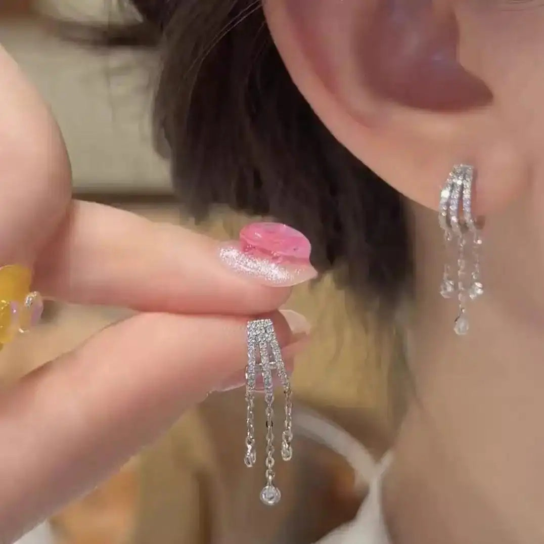 Needle Three-Row Crystal Tassel Drop Earrings