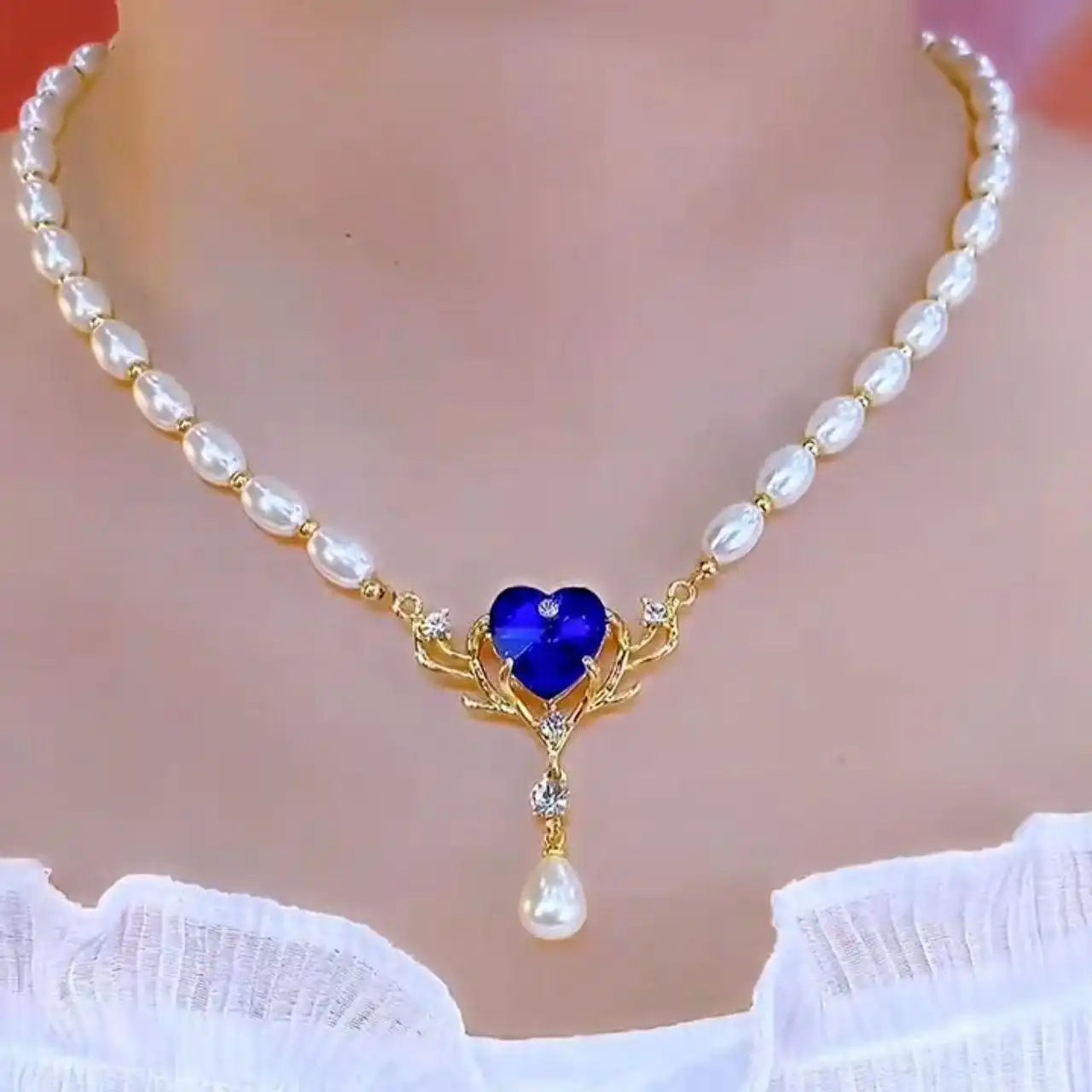 Ocean Love Blue Heart Pearl Necklace