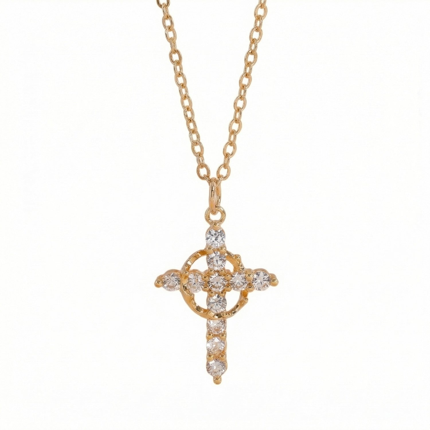 Open Circle Crystal Cross Necklace