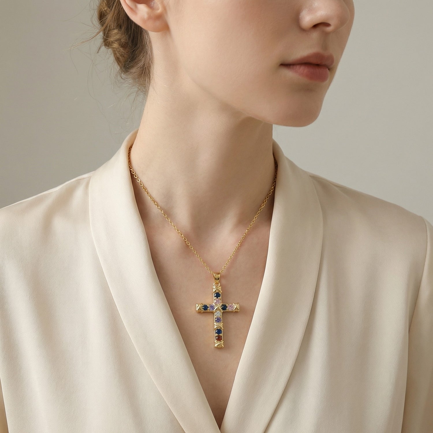 Ornate Multicolor Gem Cross Necklace