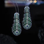 Peacock Feather Crystal Tassel Drop Earrings